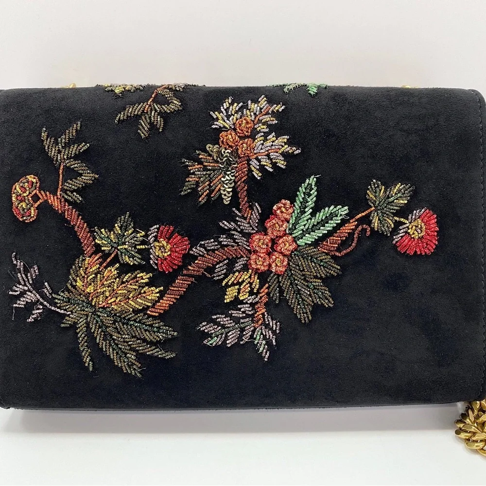 YSL Yves Saint Laurent Monogram Kate Chain Bag Black Suede Embroidered - Picture 2 of 7